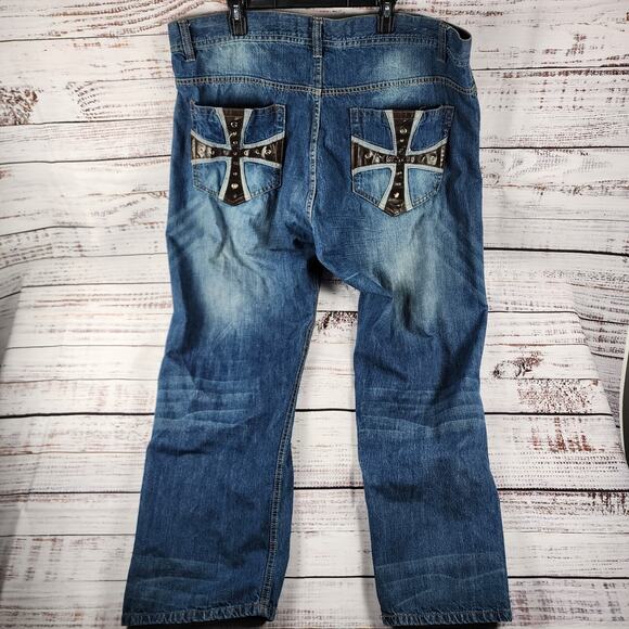 Avirex Other - Avirex Men’s Baggy Jeans 44Bx34 Vintage Y2K Blue Distressed Leather Cross Denim
